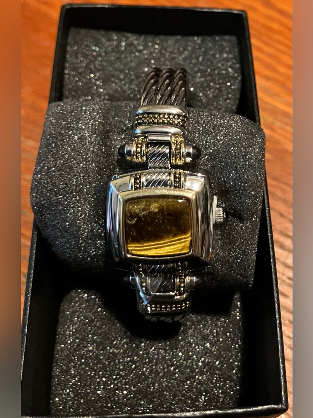 NEW Vintage Gruen Peek-A-Boo Bracelet Watch in Silver & Gold with Amber Dial